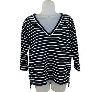 Madewell Black & White Stripe V Neck Side Zip  Pocket 3/4 Sleeve Top Size Large